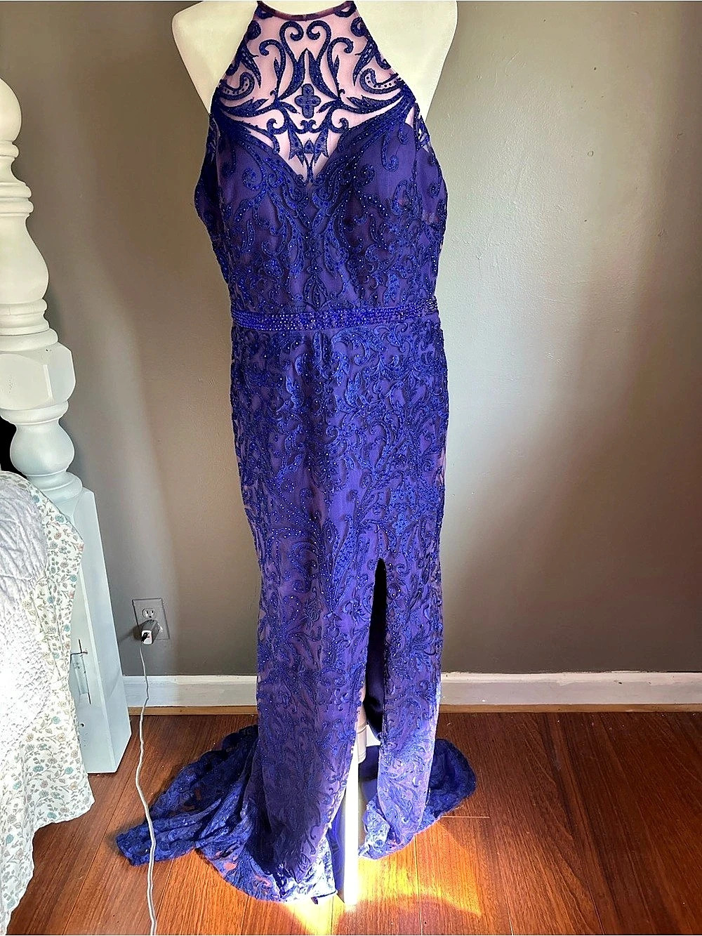 Morilee Beaded Halter Maxi Dress in Blue Size 16 Like New